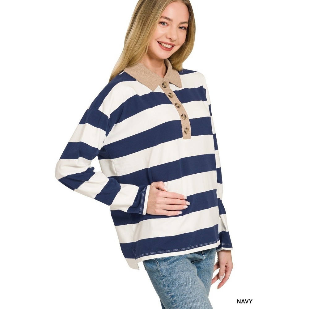 Zenana Striped Contrast Collar Polo Tee - Navy - Small - Picture 4 of 5